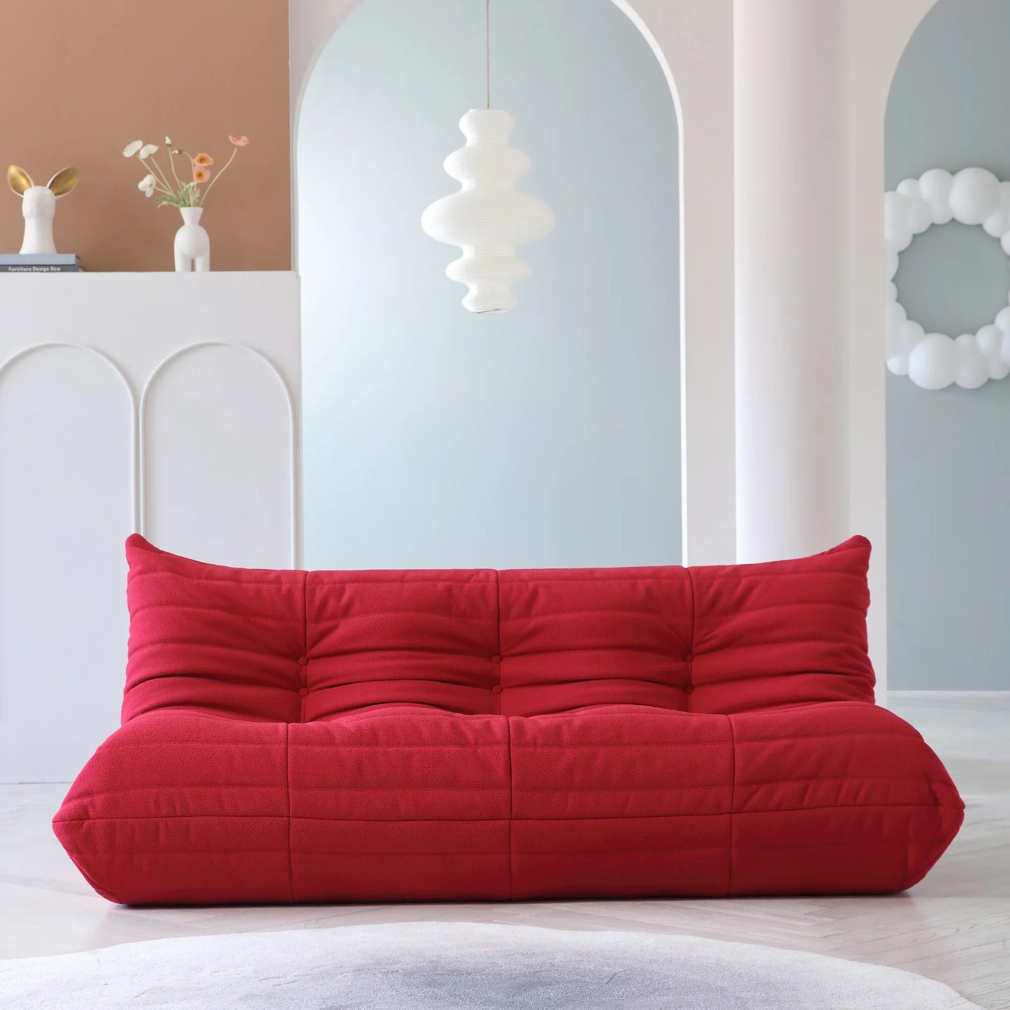 Magic Home Modern Sectional Sofa Togo Sofa Lazy Sofa Foam Couch Floor Sofa for Bedroom,Living Room,Apartment and Small Space,Three Seat Sofa,Red